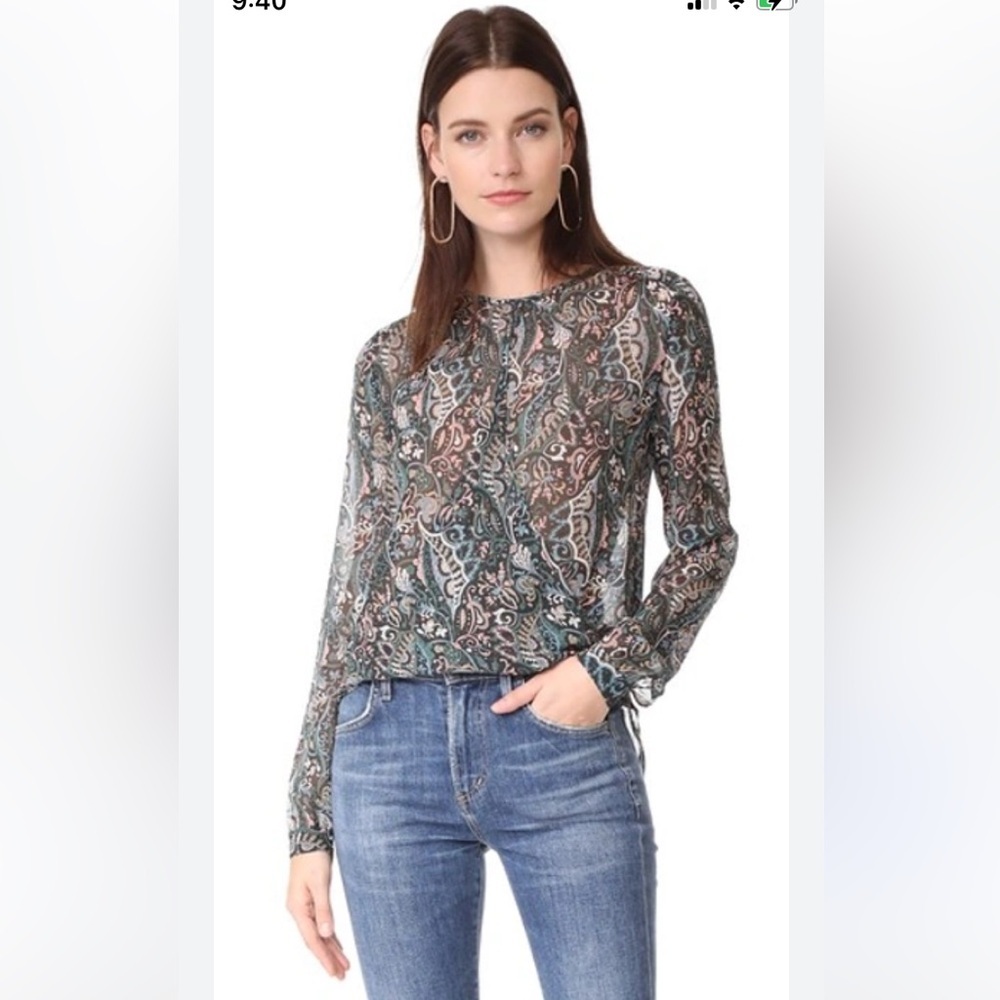 Veronica Beard Sheer Paisley Long-Sleeve Blouse in Green and Cream